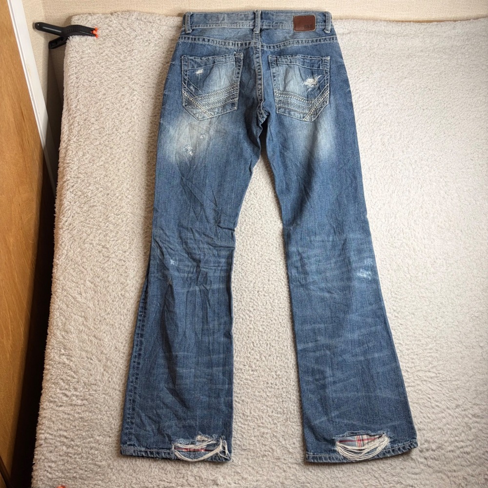 BKE Justin Mens Distressed Bootcut Jeans Medium Wash Plaid Inlay 32x34
